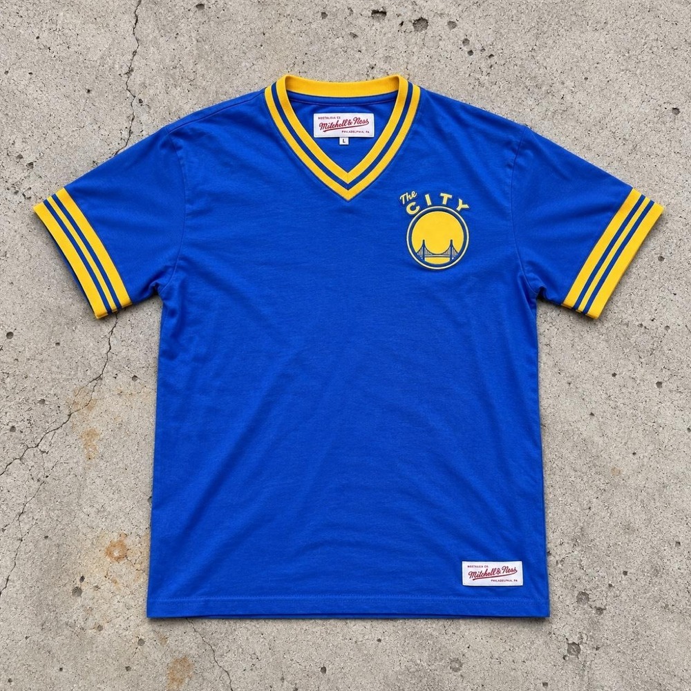 Mitchell & Ness Golden State Warriors The City V-neck Shirt Blue Gold Mens XXL
